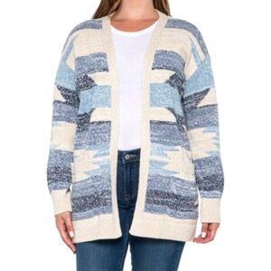 Lucky Brand Aztec Long Cardigan Cream Blue Large